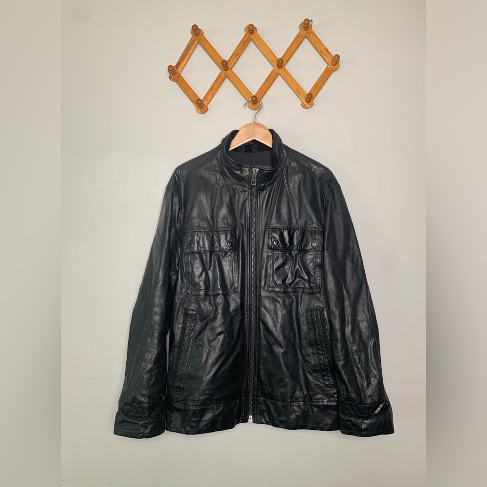 GAP Men’s Black Leather Jacket XL – 2006 Vintage Genuine Leather Y2K